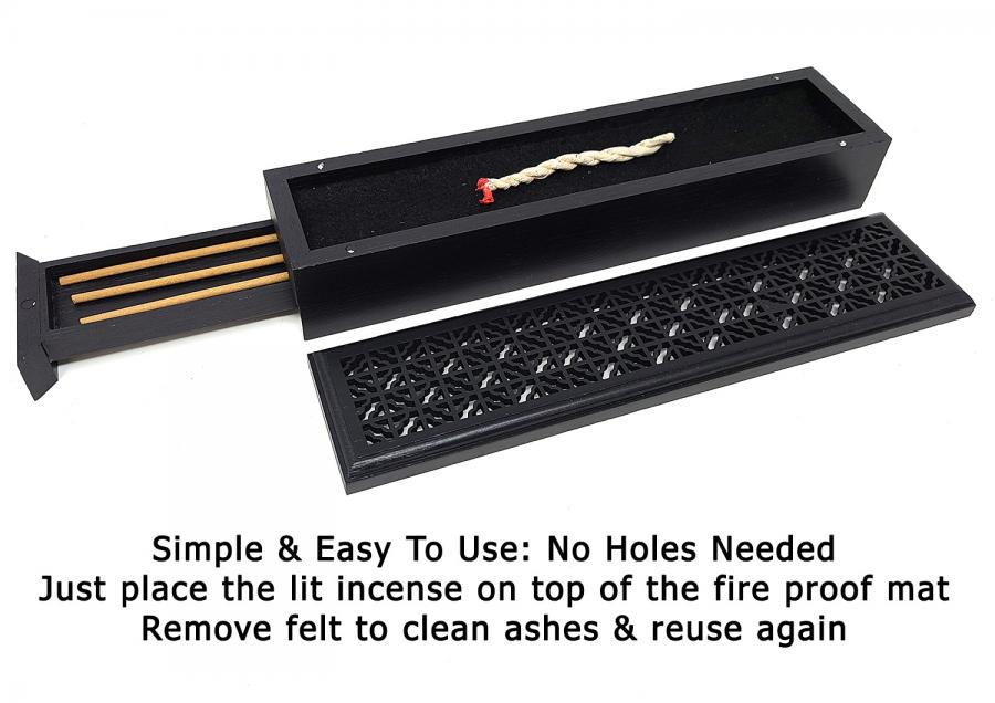 Large Size- Black Finish Wood Incense Box Burner w/Storage (Fire Proof Felt - Just place Incense on Top) - Image 2