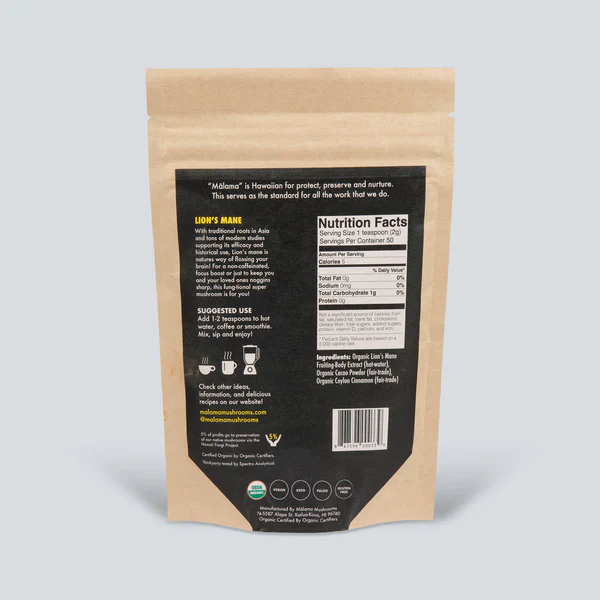 Malama Mushroom Lions Mane Powder (Cacao) 3.5oz - Image 2