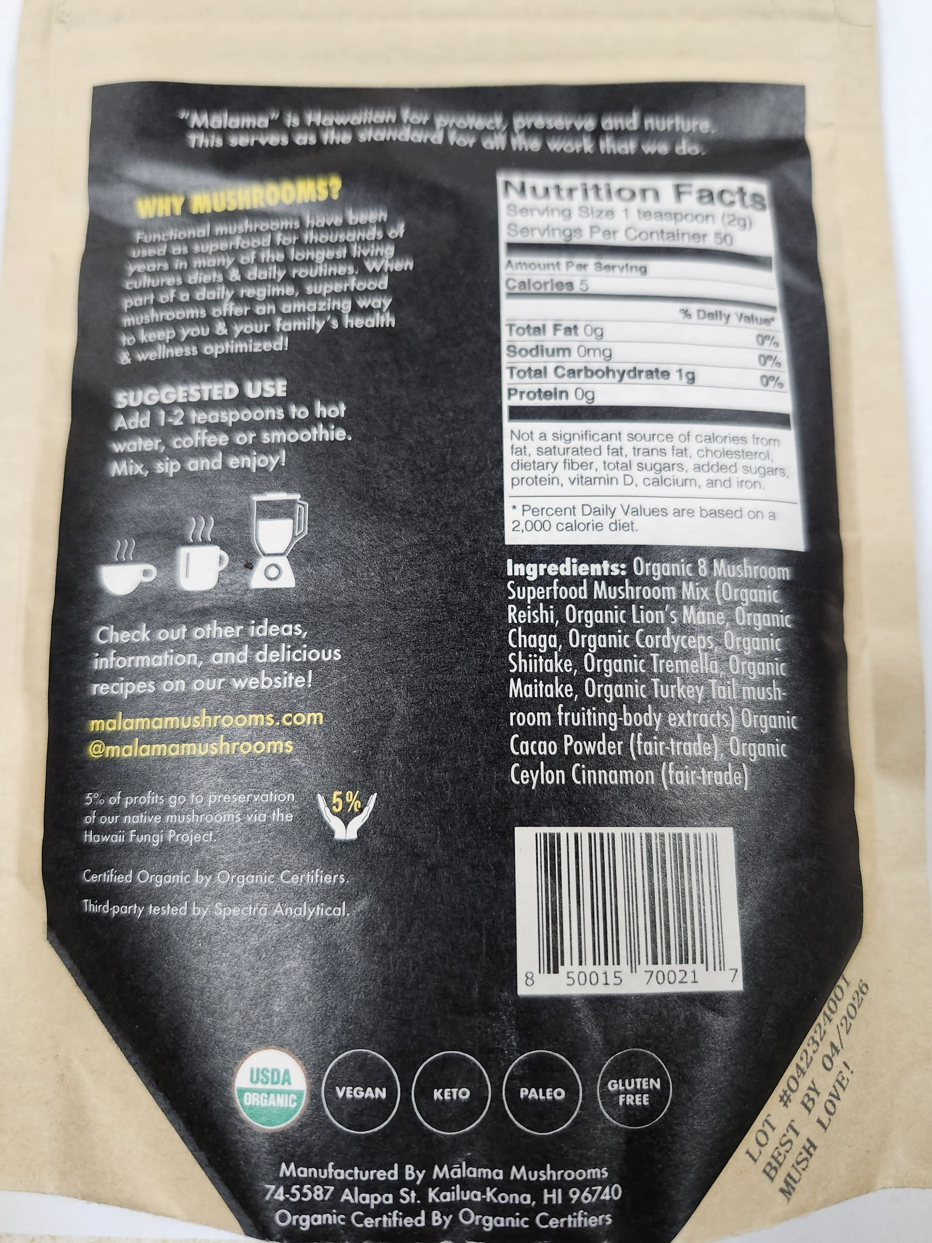 Malama Mushroom Powder mix (Cacao) 3.5oz - Image 2