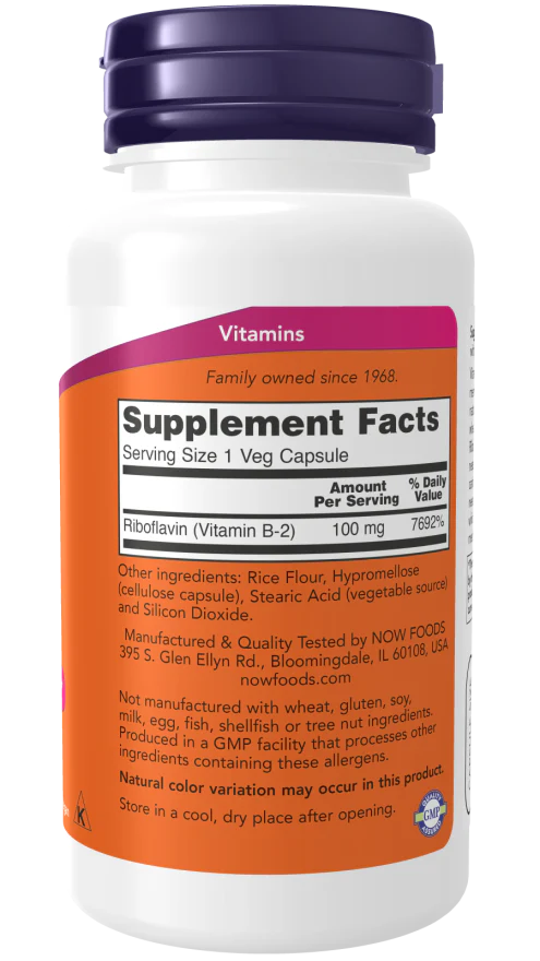 NOW Vitamin B-2 100 mg (100 Veg Capsules) - Image 2