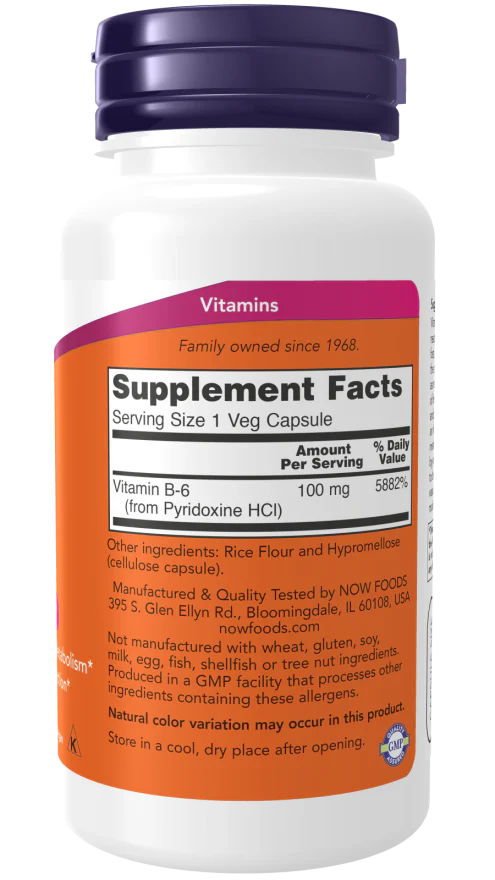 NOW Vitamin B-6 100 mg (100 Veg Caps) - Image 2