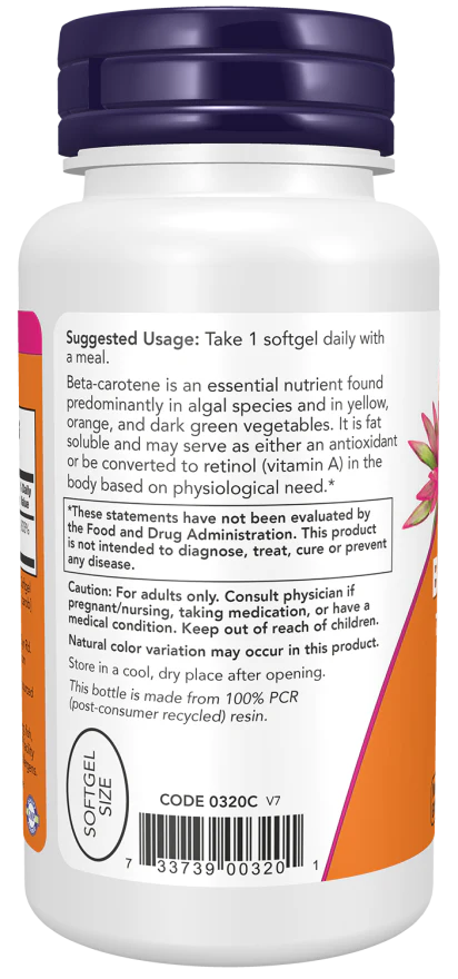NOW Beta Carotene, Natural 7,500 mcg (90 Softgels) - Image 3
