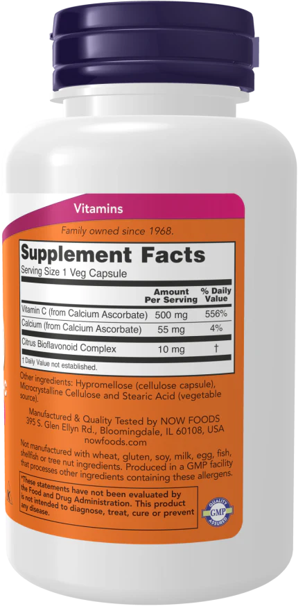 NOW Vitamin C-500 Calcium Ascorbate-C (100 Veg Caps) - Image 2