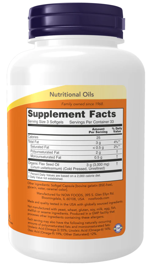 NOW Flax Oil 1000 mg (100 Softgels) - Image 2