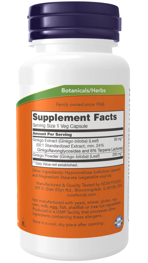 NOW Ginkgo Biloba 60 mg (60 Veg Caps) - Image 2