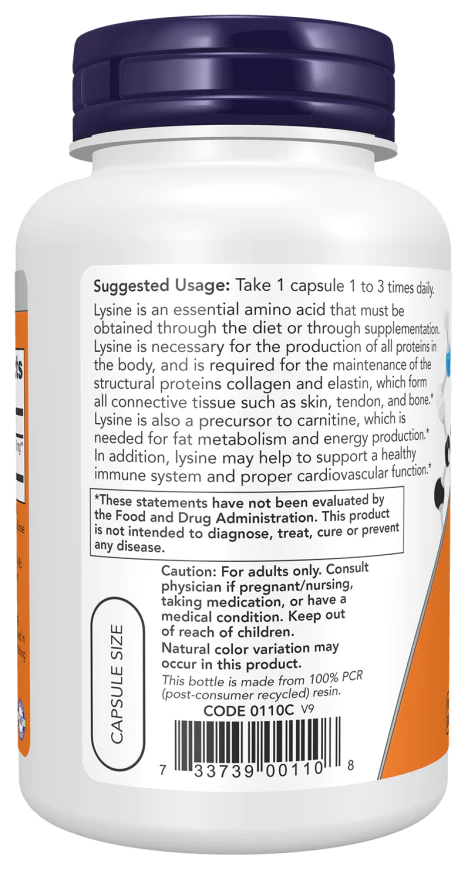 NOW L-Lysine 500 mg Veg Capsules - Image 3