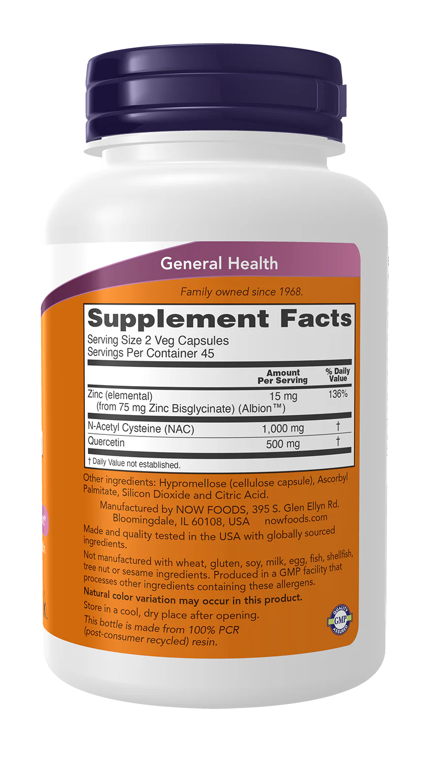 NOW NAC Quercetin & Zinc Veg Capsules (90 Veg Caps) - Image 2