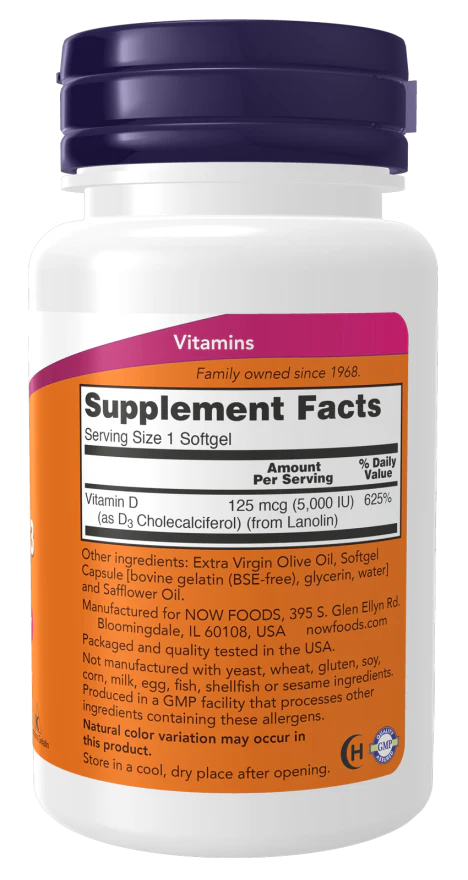 NOW Vitamin D-3 5000IU Softgels - Image 2