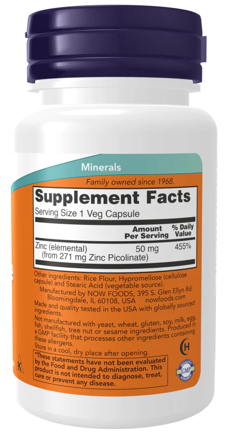 NOW Zinc Picolinate 50 mg (120 Veg Caps) - Image 2