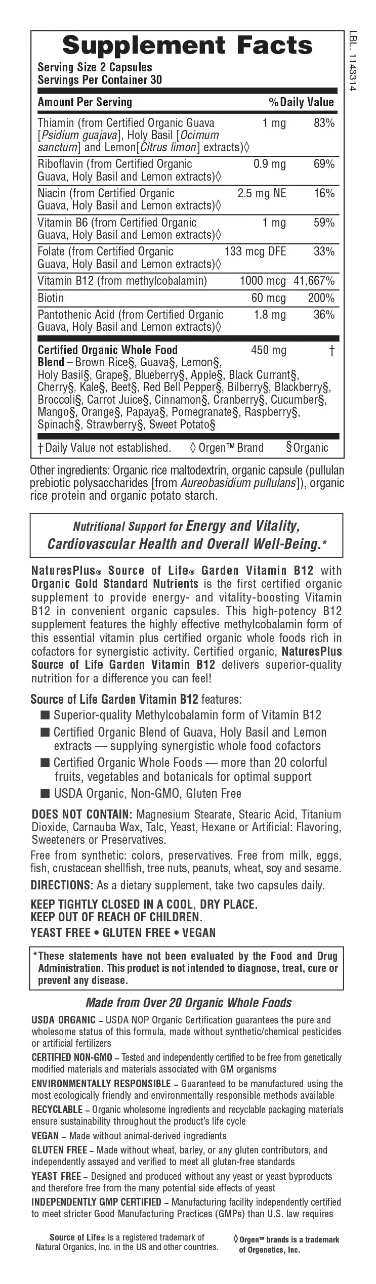 Natures Plus Source of Life® Garden Vitamin B12 Capsules - Image 2