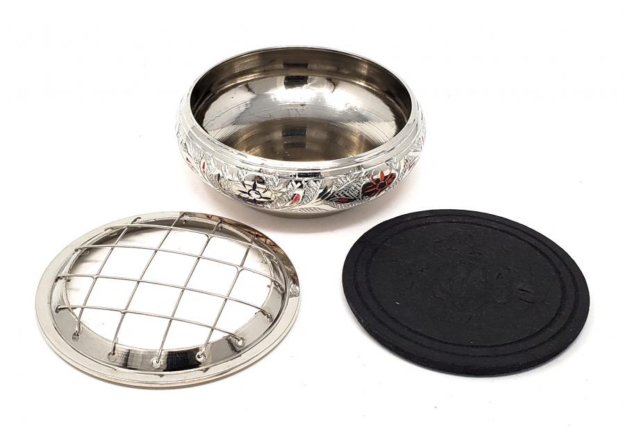 Silver finish colorful engraved Brass Screen Charcoal Burner 2.75"D x 1.75" with wood coaster - Image 2