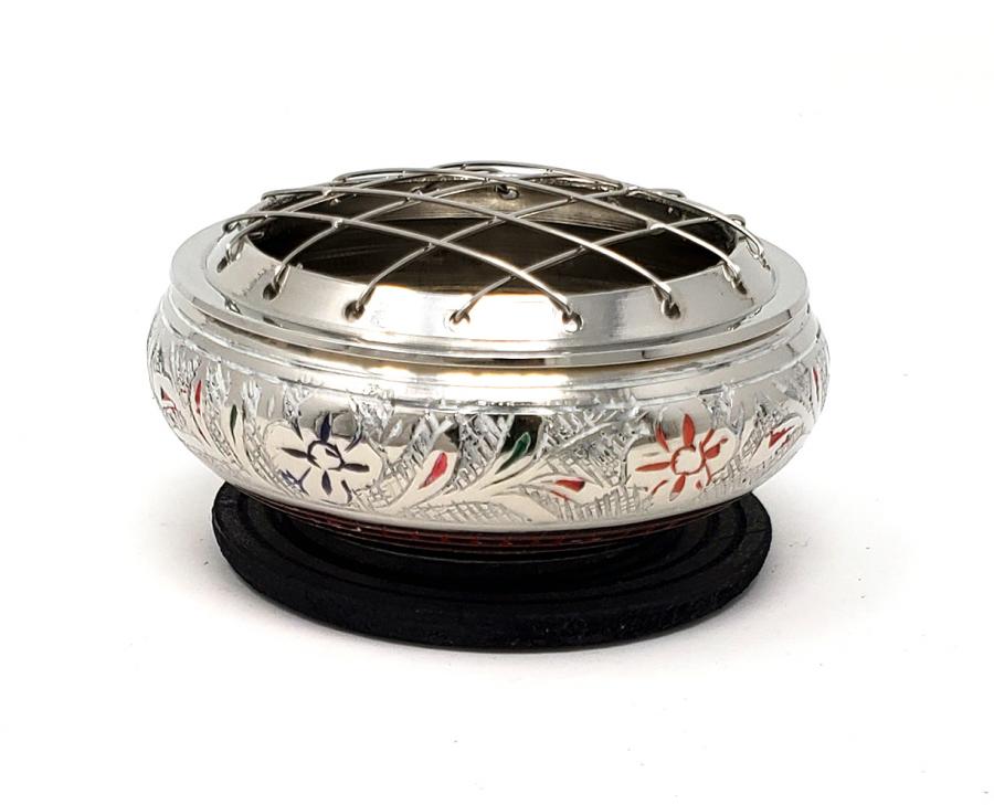 Silver finish colorful engraved Brass Screen Charcoal Burner 2.75"D x 1.75" with wood coaster - Image 3