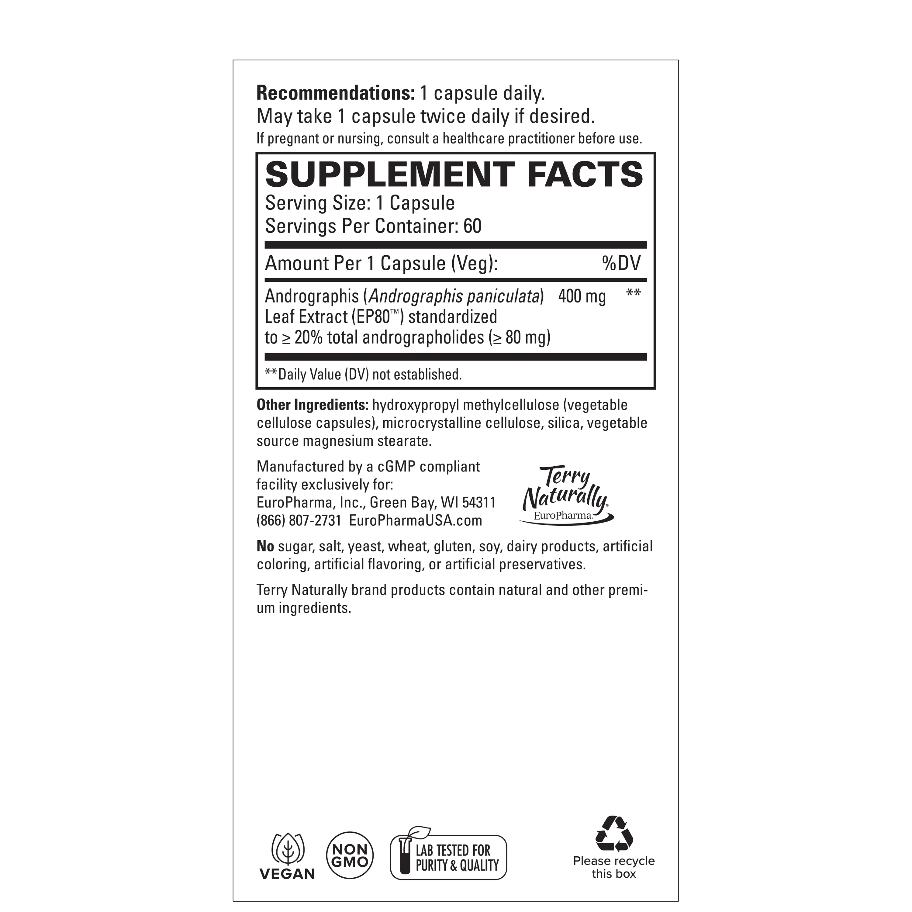 Terry Naturally Andrographis EP80™ Extra Strength (60 Caps) - Image 2