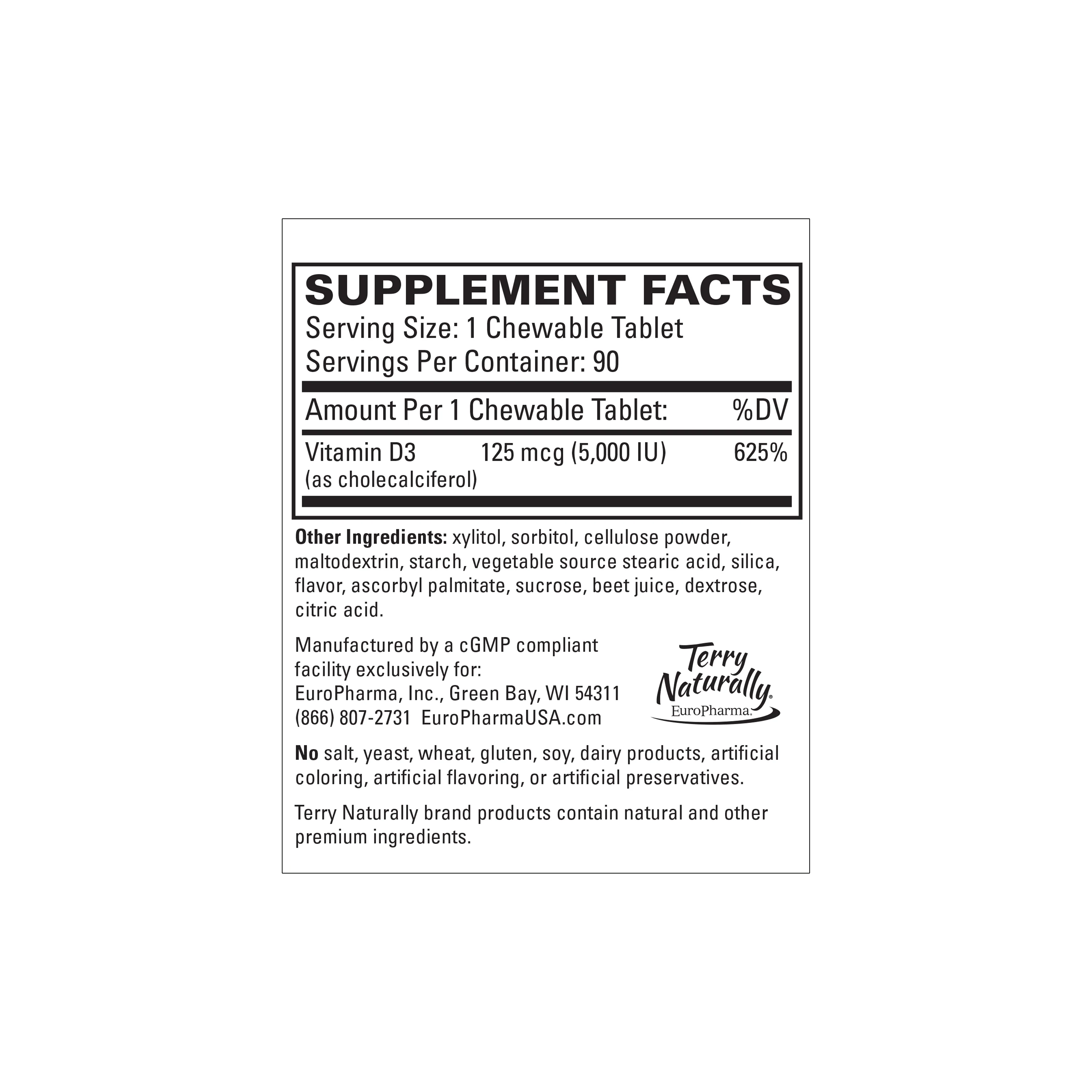 Terry Naturally Vitamin D3 (5,000 IU) (90 Chews) - Image 2
