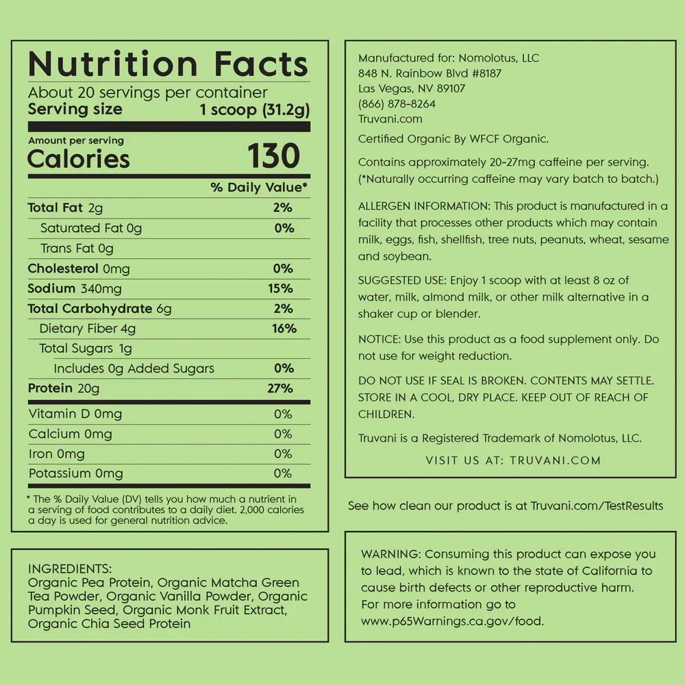 Truvani Plant Based Protein Powder (Matcha) Single Serve - Image 2