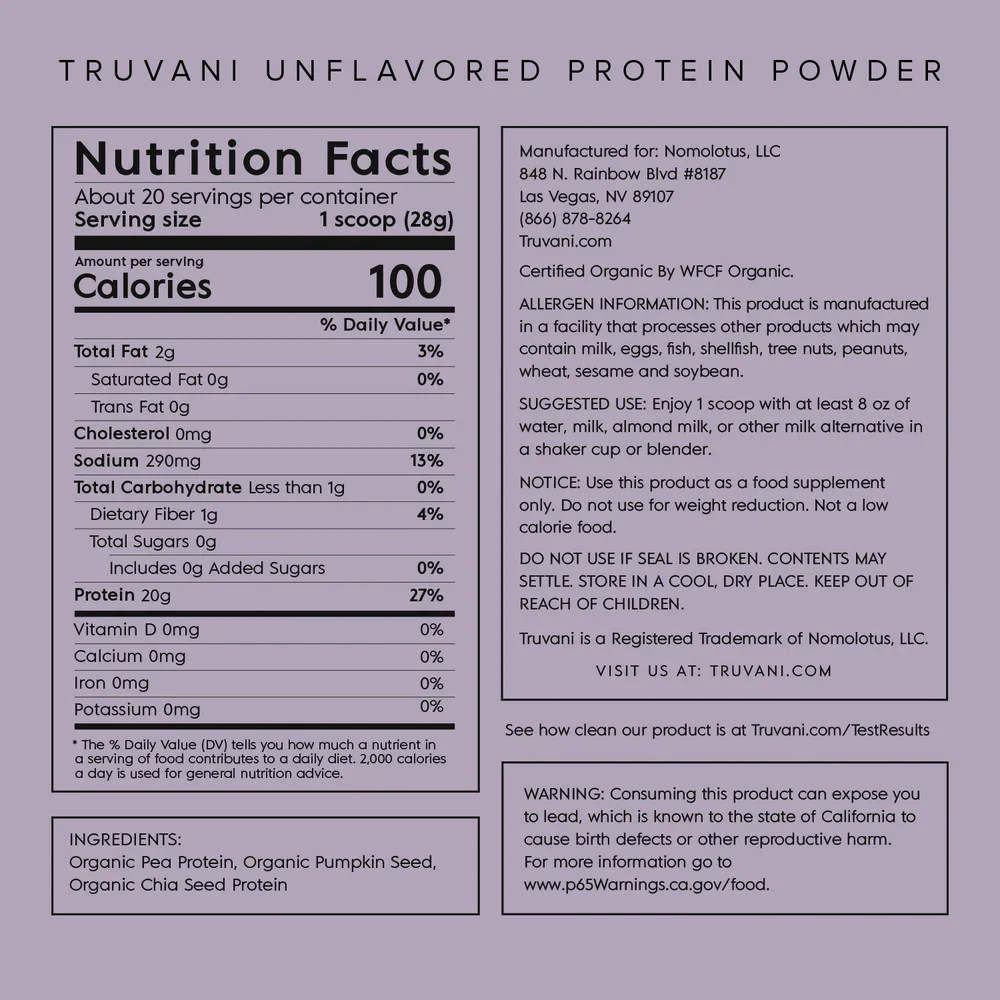 Truvani Plant Based Protein Powder (Unflavored & Unsweetened) 20 Serving - Image 2